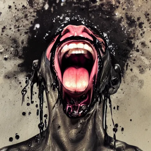 Prompt: black liquid leaking from the orifices of a screaming person, potrait, realistic, award winning