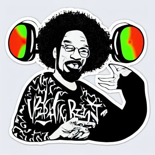 Image similar to svg sticker of a Dancing-Ben-Harper-Snoop-Spike-Lee-with-a-large-Afro-Puff, at a rave, spinning records, giant headphones rocking out, wearing headphones, huge speakers, dancing, rave, DJ, spinning records, digital art, amazing composition, rule-of-thirds, award-winning, trending on artstation, featured on deviantart