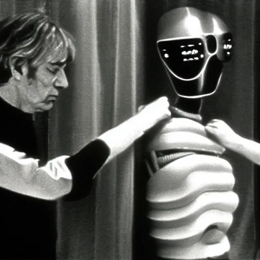 Image similar to a man and a robot in a moment of jealousy, movie still, Movie by Andrzej Zulawski and David Lynch