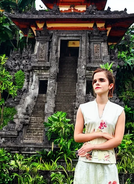 Prompt: emma watson, wearing kebaya bali, in bali. temple background. front view. instagram, holiday photo shoot, award winning photography, 5 0 mm