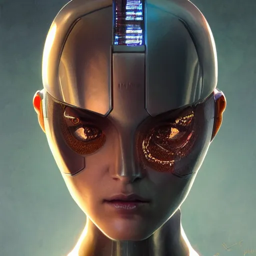 Prompt: headshot of humanoid robot from ex machina, intricate, headshot, highly detailed, digital painting, artstation, concept art, sharp focus, cinematic lighting, illustration, art by artgerm and greg rutkowski, alphonse mucha, cgsociety