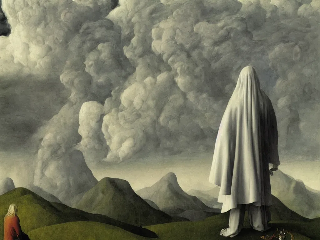 Prompt: albino mystic, with his back turned, looking at a storm over over the mountains in the distance. Painting by Jan van Eyck, Audubon, Rene Magritte, Agnes Pelton, Max Ernst, Walton Ford