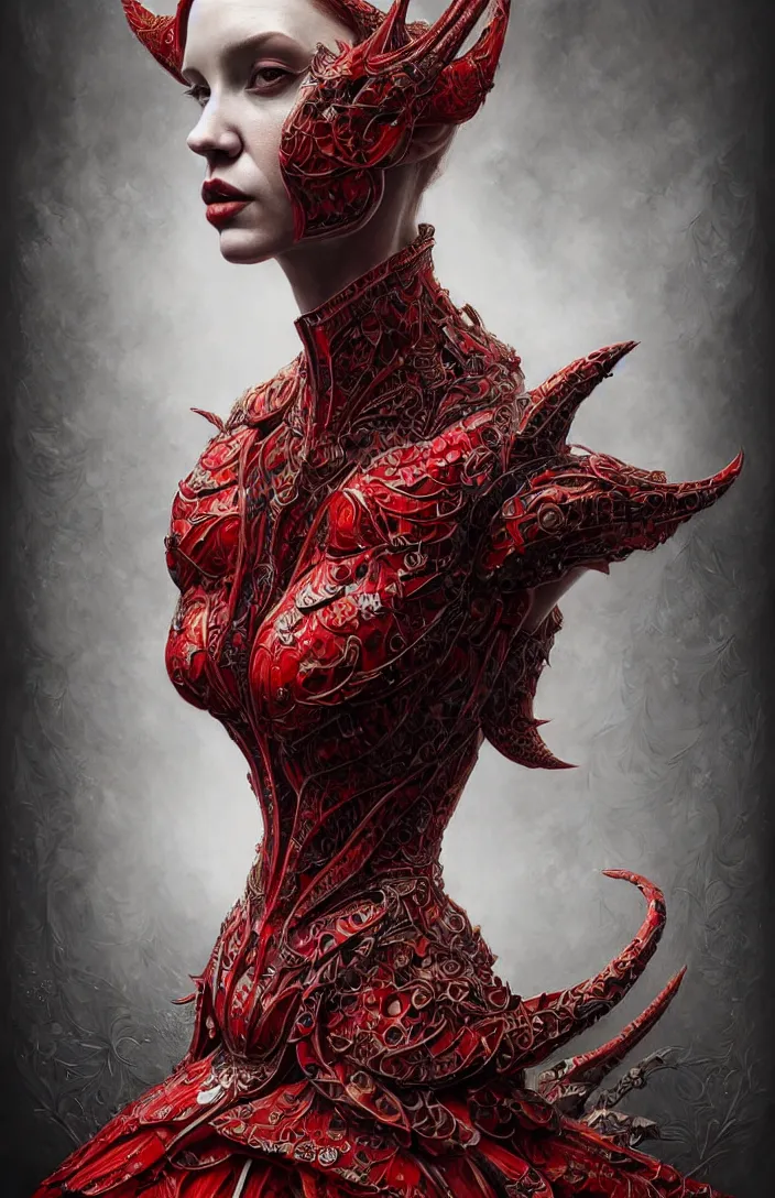 Image similar to epic professional digital portrait of gorgeous thin white woman, epic armoured red party dress, painted, intricate, detailed, by leesha hannigan, wayne haag, reyna rochin, ignacio fernandez rios, mark ryden, iris van herpen, best on artstation, cgsociety, epic, stunning, gorgeous, much wow.