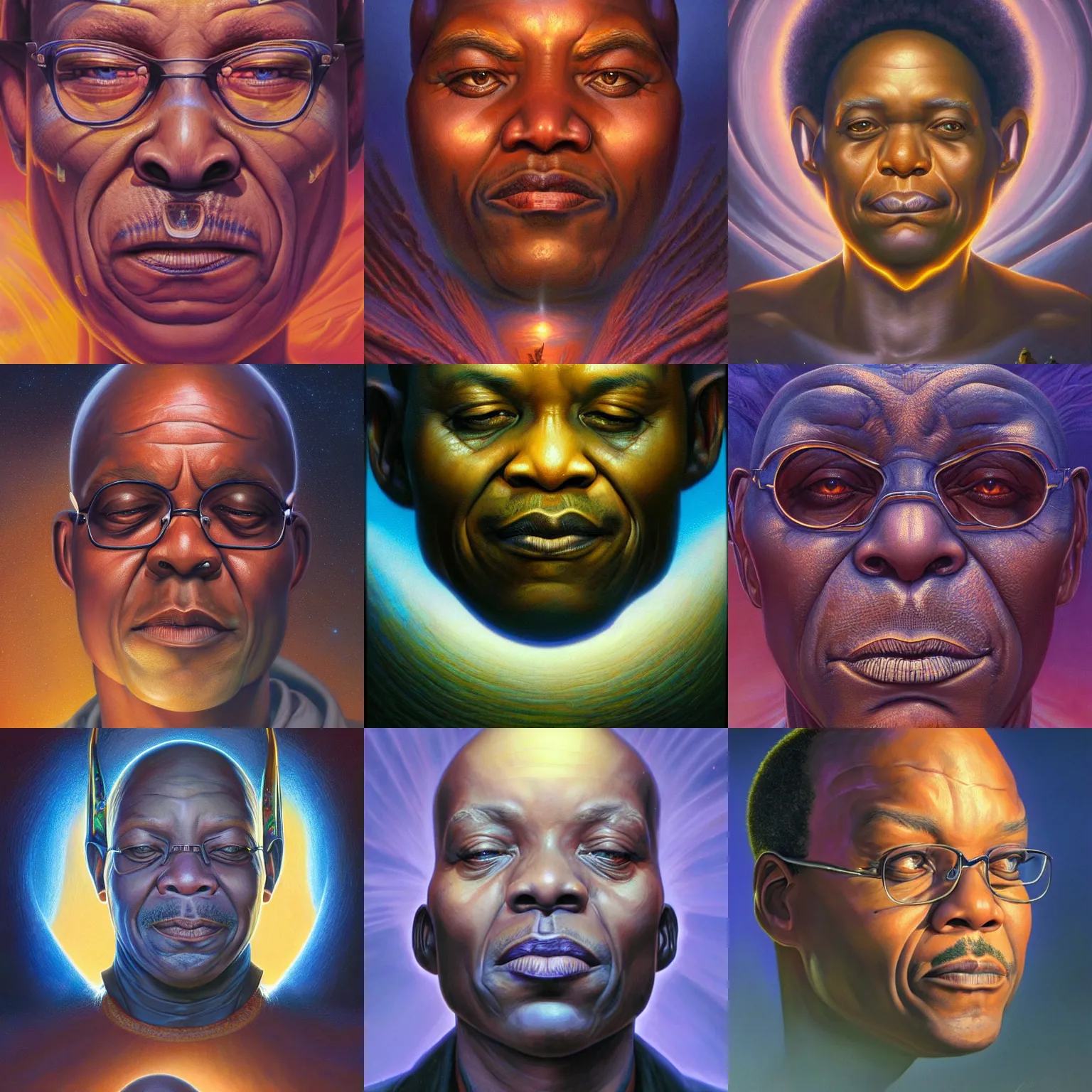 Prompt: jacob zuma award winning close - up portrait symmetry desaturated tetrachromacy colors astral background tim hildebrandt wayne barlowe bruce pennington donato giancola larry elmore masterpiece trending on artstation cinematic composition beautiful lighting hyper detailed!!! 8 k oil on canvas