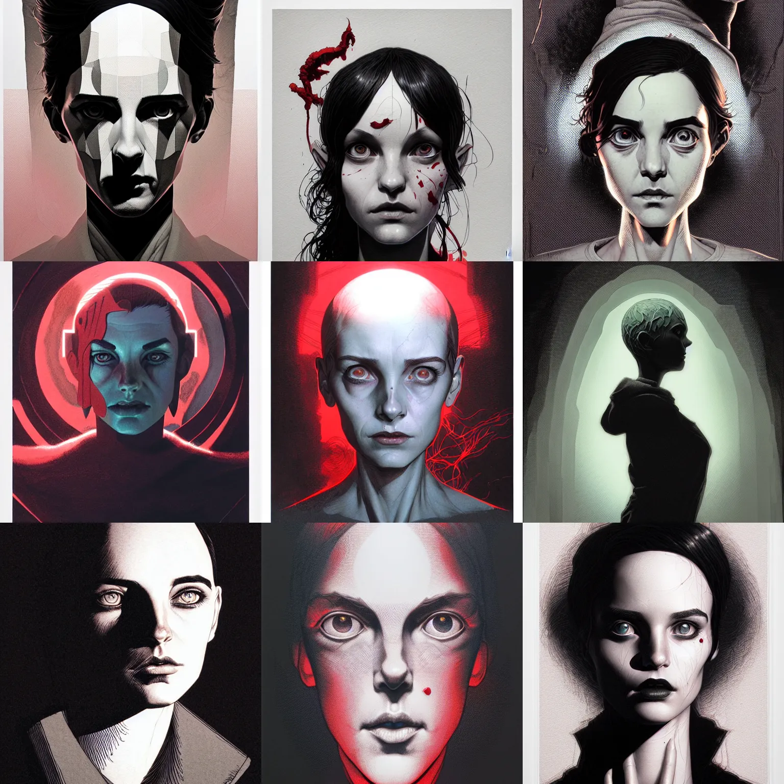 Prompt: portrait top light, by alex ross, killian eng and joe fenton and martin deschambault and conrad roset, inspired by city of lost children, red and grey only, etching, fine, sharp high detail,