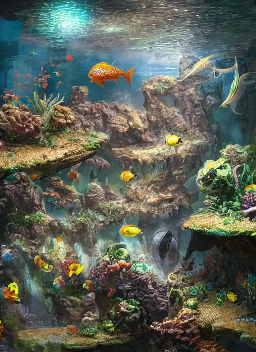 Image similar to people observing lots of beautiful fish in an underground aquarium corridor, in the style of andreas hoher, fantasy art, ray tracing, water droplets, highly detailed, artstation trend, highly detailed and intricate, sharp focus, photography, unreal engine 5