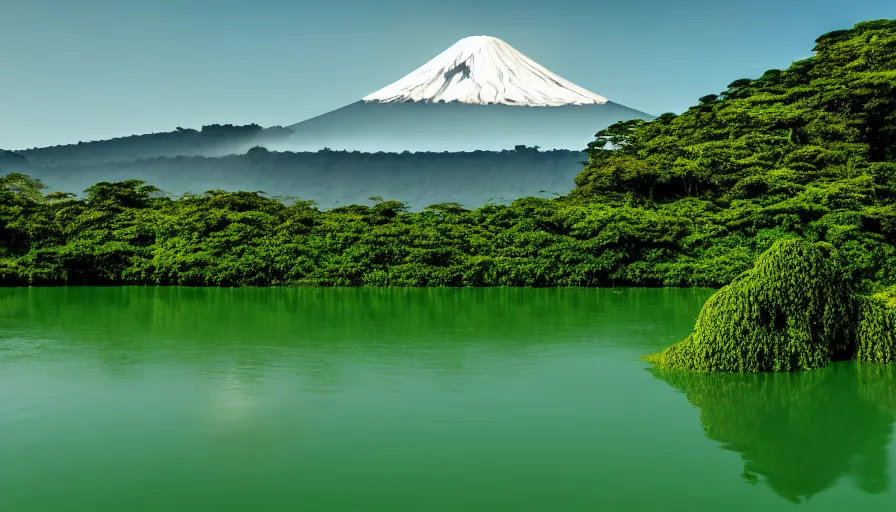 Image similar to a beautiful green scene, guatemalan lake full of water, volcano in background, high definition, beautiful award winning photography, 8 k.