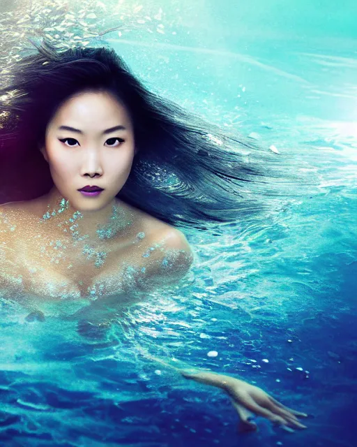 Image similar to portrait of asian woman underwater during sunrise, sunrays, aquaman aesthetic, caustics, rippling water, photoshoot, flowing hair, elegant, iconic, fine-art, masterpiece, cinematic, trending on artstation