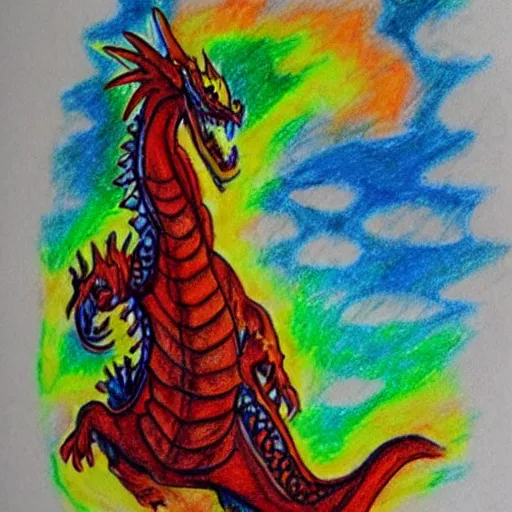 Prompt: “fire breathing dragon, child crayon drawing”