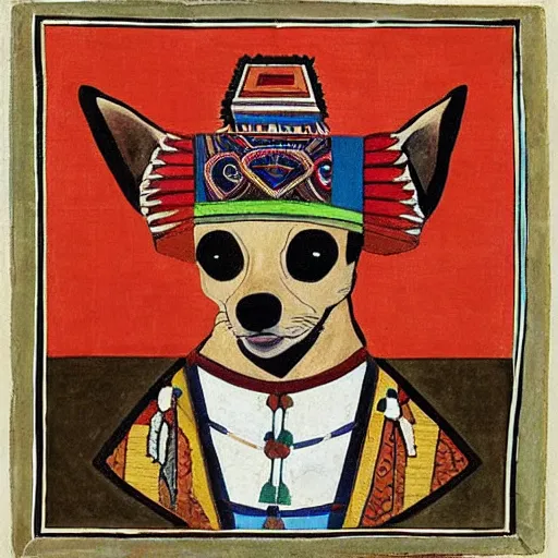 Prompt: portrait of a chihuahua as aztec emperor, aztec painting 1 3 0 0