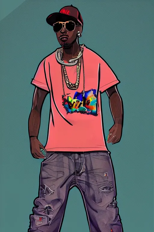 Image similar to full length illustration of 9 0 s hip - hop rapper, digital painting, trending on art station and devian art, pop art, low polygons illustration