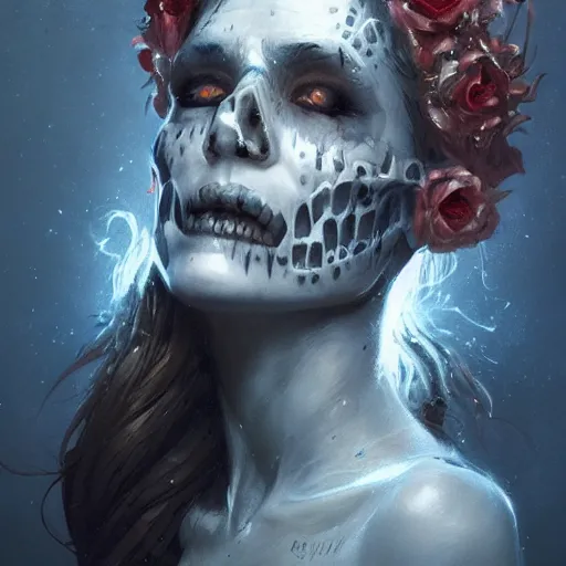 Image similar to a beautiful portrait of skull goddess by greg rutkowski and raymond swanland, dark background, trending on artstation