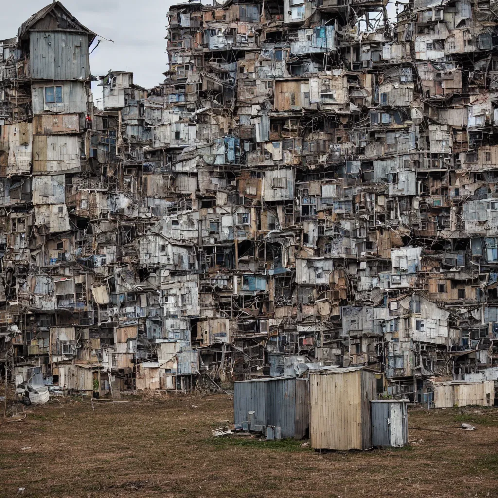 Prompt: a tower made up of makeshift squatter shacks of different sizes, dystopia, sony a 7 r 3, f 1 1, fully frontal view, photographed by jeanette hagglund, ultra detailed,