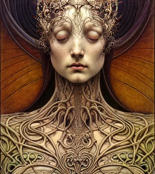 Image similar to detailed realistic beautiful young medieval alien queen face portrait by jean delville, gustave dore and marco mazzoni, art nouveau, symbolist, visionary, gothic, pre - raphaelite. horizontal symmetry by zdzisław beksinski, iris van herpen, raymond swanland and alphonse mucha. highly detailed, hyper - real, beautiful