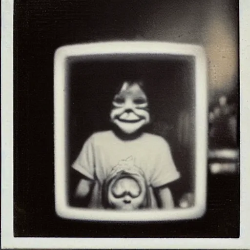 Image similar to creepy Polaroid photo of a cursed TV playing Candle Cove, 90s, black and white, dark room