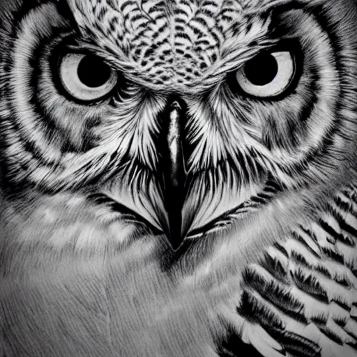 Prompt: a black and white woodcutting of a great horned owl, looking straight out, very detailed