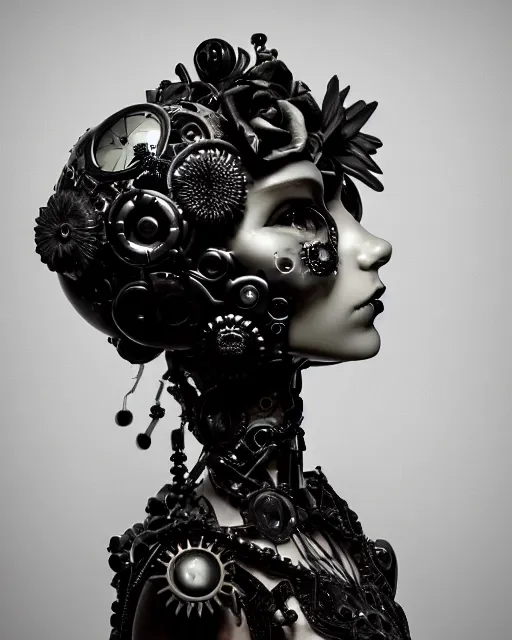 Image similar to black and white dreamy foggy profile face portrait, one steampunk eye biomechanical beautiful young female cyclope - cyborg - robot bust, body ribs meshes,, volumetric light, hibiscus flowers, by hg giger, rim light, by dora maar and cecile beaton, big gothic fashion pearl embroidered collar, 8 k