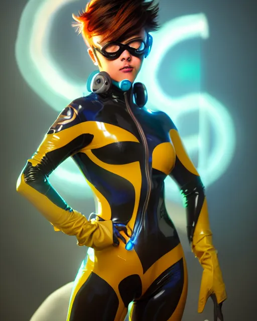 Image similar to tracer wearing a latex suit, thighs, perfect face, cinematic, stunning, cute, adorable, strong, highly detailed, psychedelic, digital painting, artstation, smooth, hard focus, illustration, art by jessica rossier and and brian froud