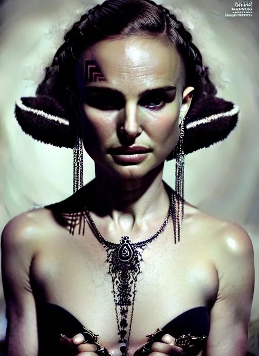 Prompt: portrait photograph of an absurdly beautiful, graceful, sophisticated, fashionable woman, natalie portman, facial tattoos, in the style of irakli nadar and alexandre ferra and popovy sisters, intricate linework, white porcelain skin, faberge, intricate chrome chains, dark atmosphere, unreal engine 5 highly rendered, global illumination, radiant light, detailed and intricate environment