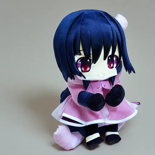 Image similar to cute chibi fumo plush of a girl who really hates her job but does it diligently nonetheless, anime girl