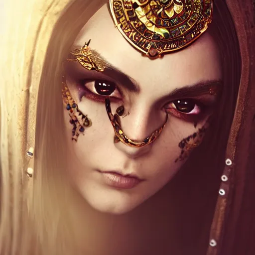 Prompt: beautiful female cleric with long black hair and a golden eye, focus on face, jewellery, piercings, fantasy, medieval, still, photograph, highly detailed, cinematic, romani descent, dramatic, dynamic lighting, award winning, masterpiece, trending on artstation