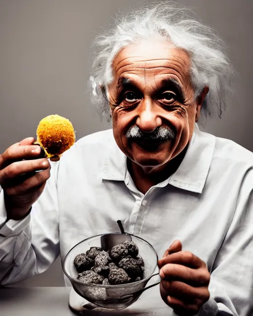 Prompt: A photo of Albert Einstein eating Golgappa, highly detailed, trending on artstation, bokeh, 90mm, f/1.4