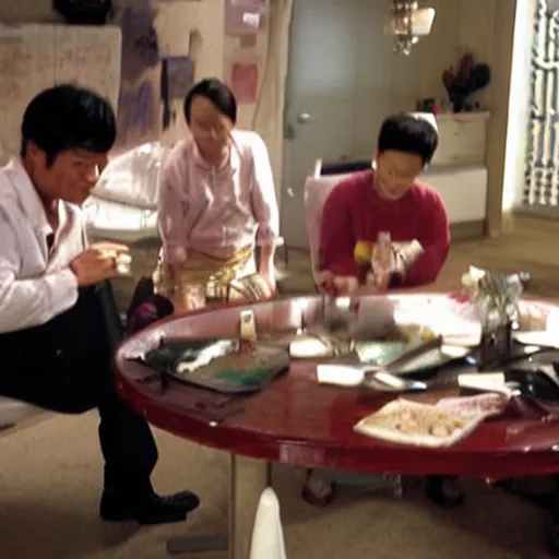 Prompt: asian people smoking crack being on dexter's table