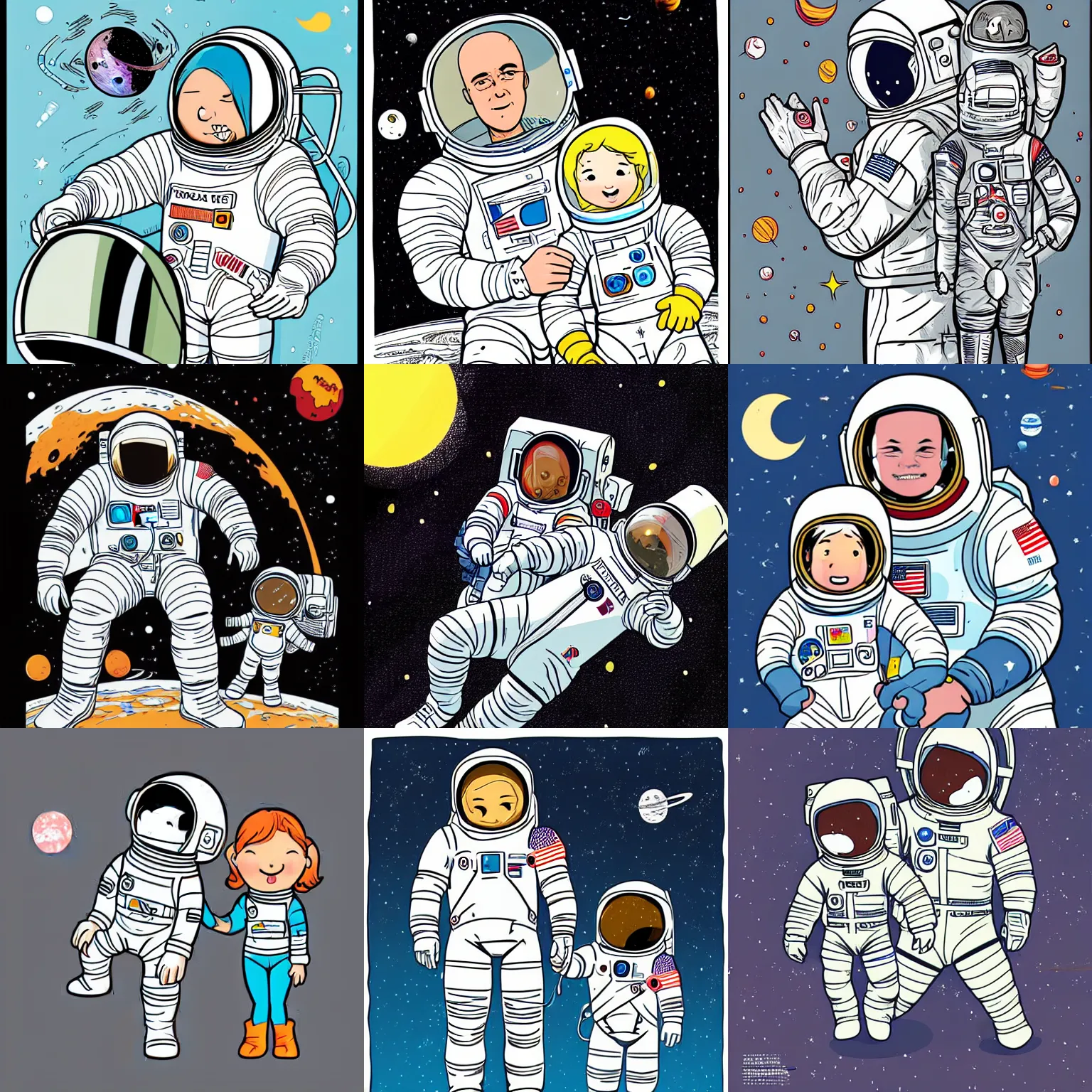 Prompt: an astronaut father and his toddler daughter, fully space suited, cartoon, illustration, comic, vector art, kim jung gi