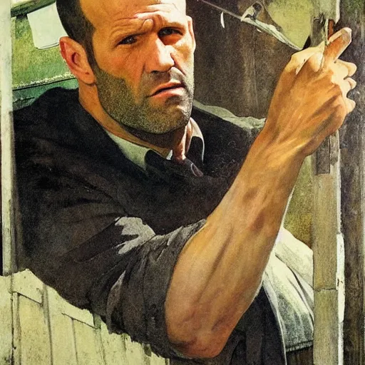 Image similar to Portrait of Jason Statham Pet Detective Standing atop a Garbage Truck Newell Convers Wyeth Andrew Wyeth Jamie Wyeth