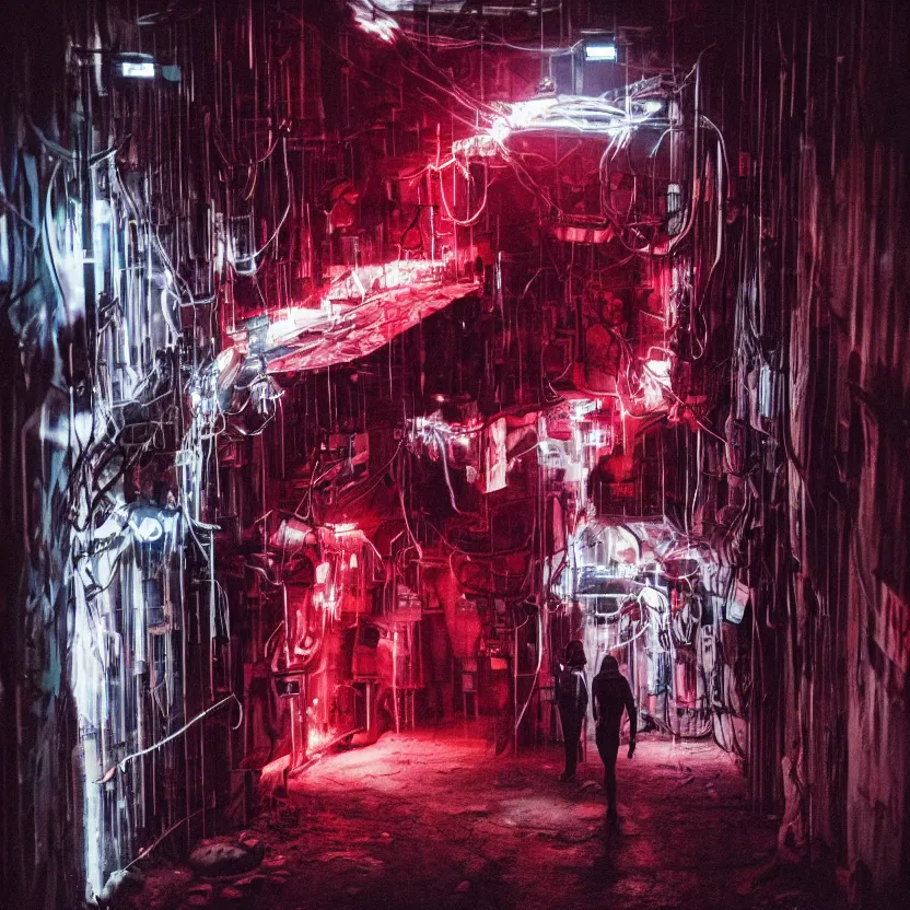 Image similar to a person in a dark tunnel with a light on, cyberpunk art by Elsa Bleda, trending on cg society, light and space, dystopian art, futuristic, circuitry