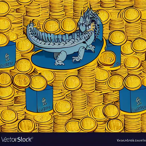 Prompt: bank filled with golden coins operated by dragons, cartoon