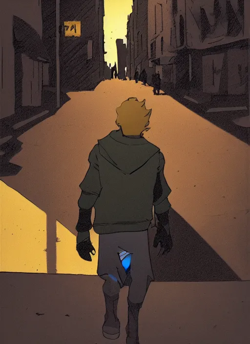 Image similar to young blonde beautiful male boy walking on a city street, mike mignola style, comics, beautiful composition, wide angle, cinematic, volumetric lighting, intricate details