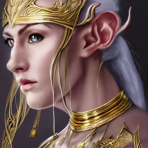 Image similar to side portrait of a female elven warrior, fantasy, head tilted down, white hair, gold armour, gold jewelry, white skin, detailed face, trending on artstation, gsociety, D&D, elegant, highly detailed, sophisticated, hyperrealistic, detailed illustration, smooth, sharp focus, upper body, intricate, rule of thirds, holy glow, backlit, hd 4k by Greg Rutkowski, Charlie Bowater, Karol Bak