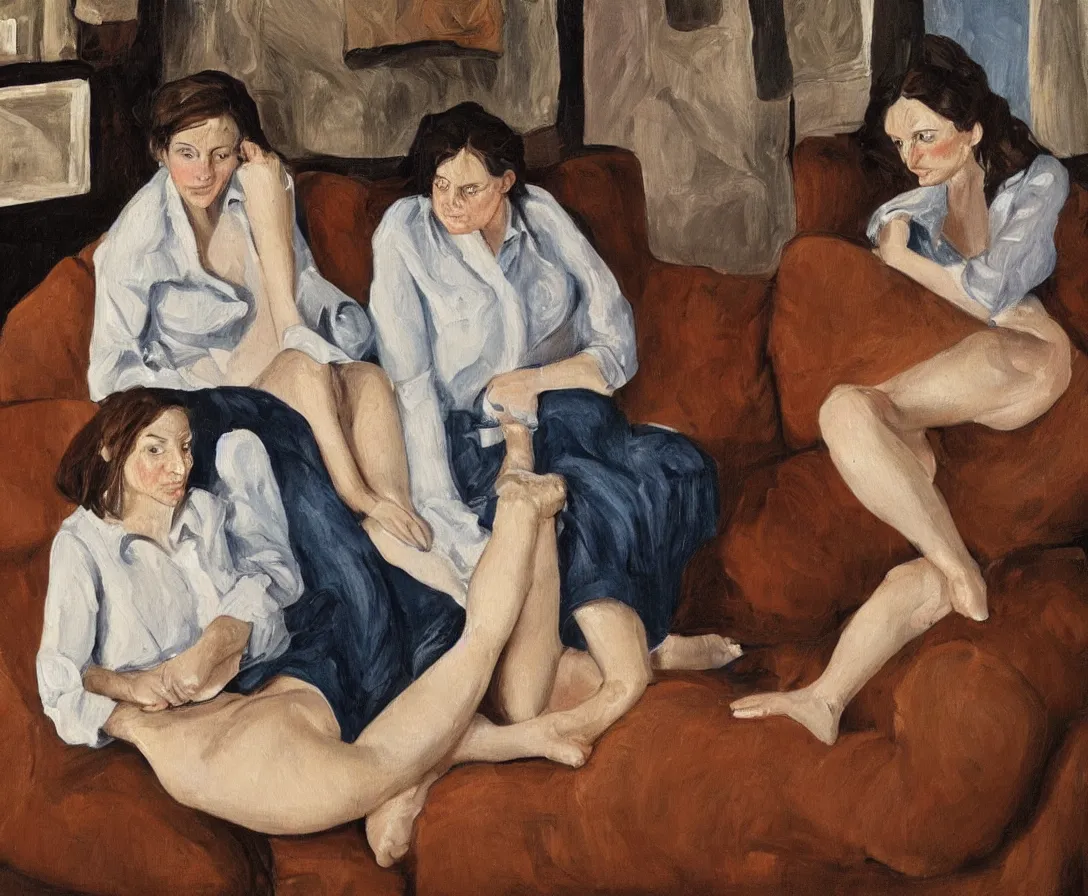 Image similar to two women, in an old english apartment on a brown leather sofa. one is wearing a dark blue sweather, the other a white shirt. brown hair, they are looking into the camera. wide shot. in the style of lucien freud. oil painting.