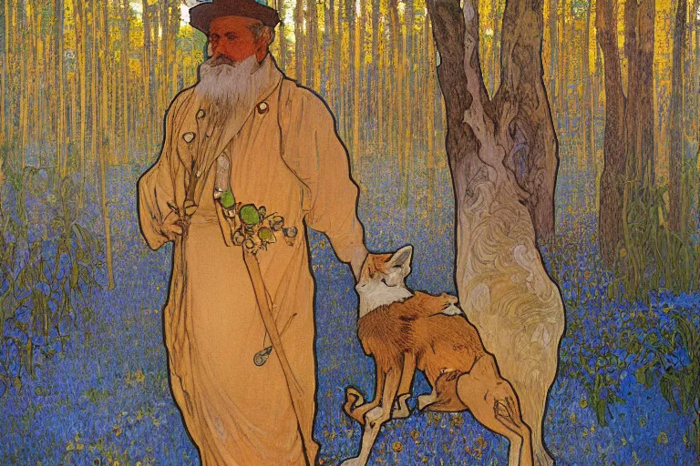 Image similar to landscape art nouveau painting of an old man dressed as a farmer and his fox in the forest, by alphonse mucha and gustav klimt and antoni gaudi, masterpiece,, warm shades of blue, silver, orange, gold, and pink, oil painting, high resolution, very detailed, oil on canvas