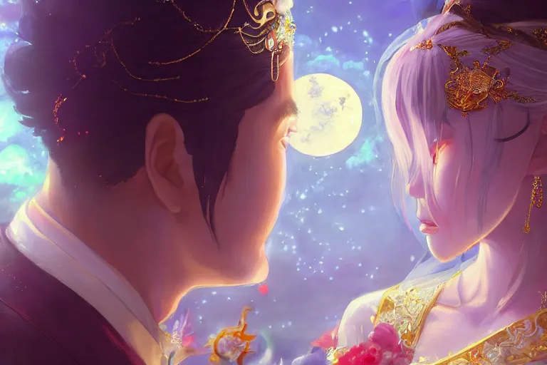 Image similar to a dreamlike portrait of wedding photograph close up moment of a divine a taiwan sun god and moon goddess lovers magician at a wedding banquet. portraiture. digital painting. artstation. concept art. fantasy wedding photo. digital painting, 8 k realistic, hyper detailed, by makoto shinkai and akihiko yoshida and hidari and wlop