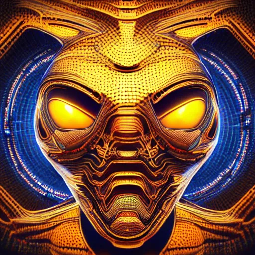 Prompt: an insanely detailed cibernetic artwork of a futuristic artificial intelligence superstar, centered image, perfectly symmetrical alien face, with frames made of detailed fractals, octsne render, 4k, insanely detailed, detailed grid as background, cgi