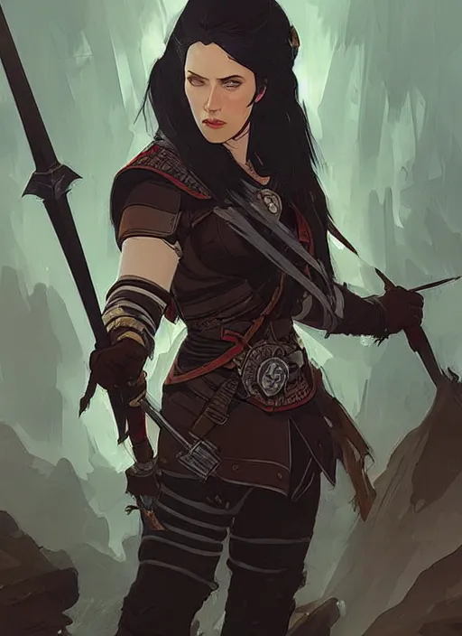 Image similar to concept art of a dangerous dark haired female warlord. witcher 3 character design by laurie greasley and sherree valentine daines concept art, matte, sharp focus, illustration, hearthstone, art by artgerm and greg rutkowski and alphonse mucha