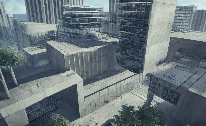 Image similar to Brutalist architecture buildings, unreal engine, artstation trending, highly detailded