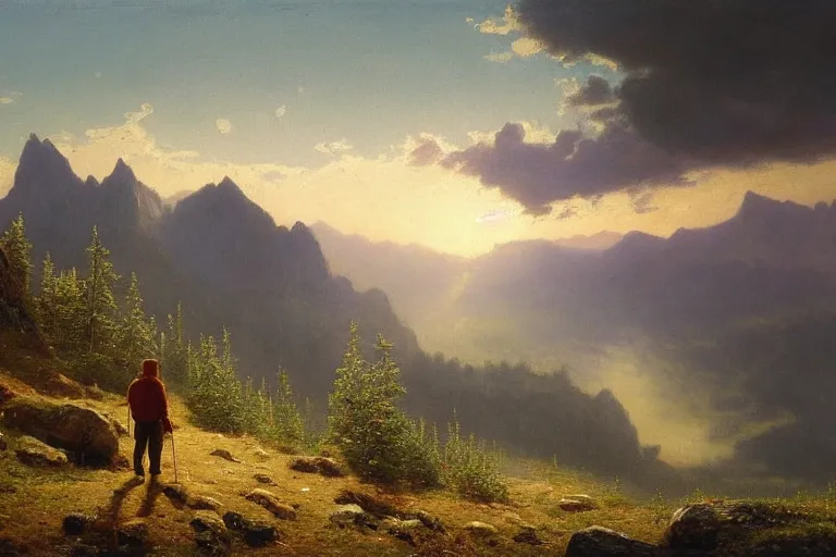 Image similar to a traveler wandering trough the mountains looking at the clouds, very detailed, focused, oil painting, cinematic lighting, albert bierstadt, trending on artstation, colorful, canvas, sunset, hans dahl, theodor kittelsen, hermann hendrich, national geographic, Konstantin Yakovlevich Kryzhitsky, beautiful nature