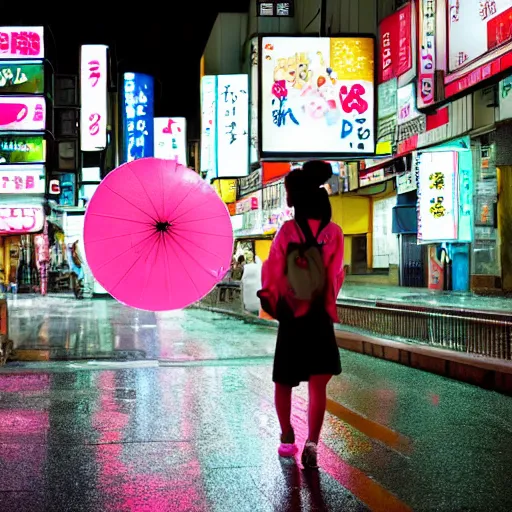 Image similar to japanese girl walking in neon japan at night under heavy rain alongside hundred of white rabbits