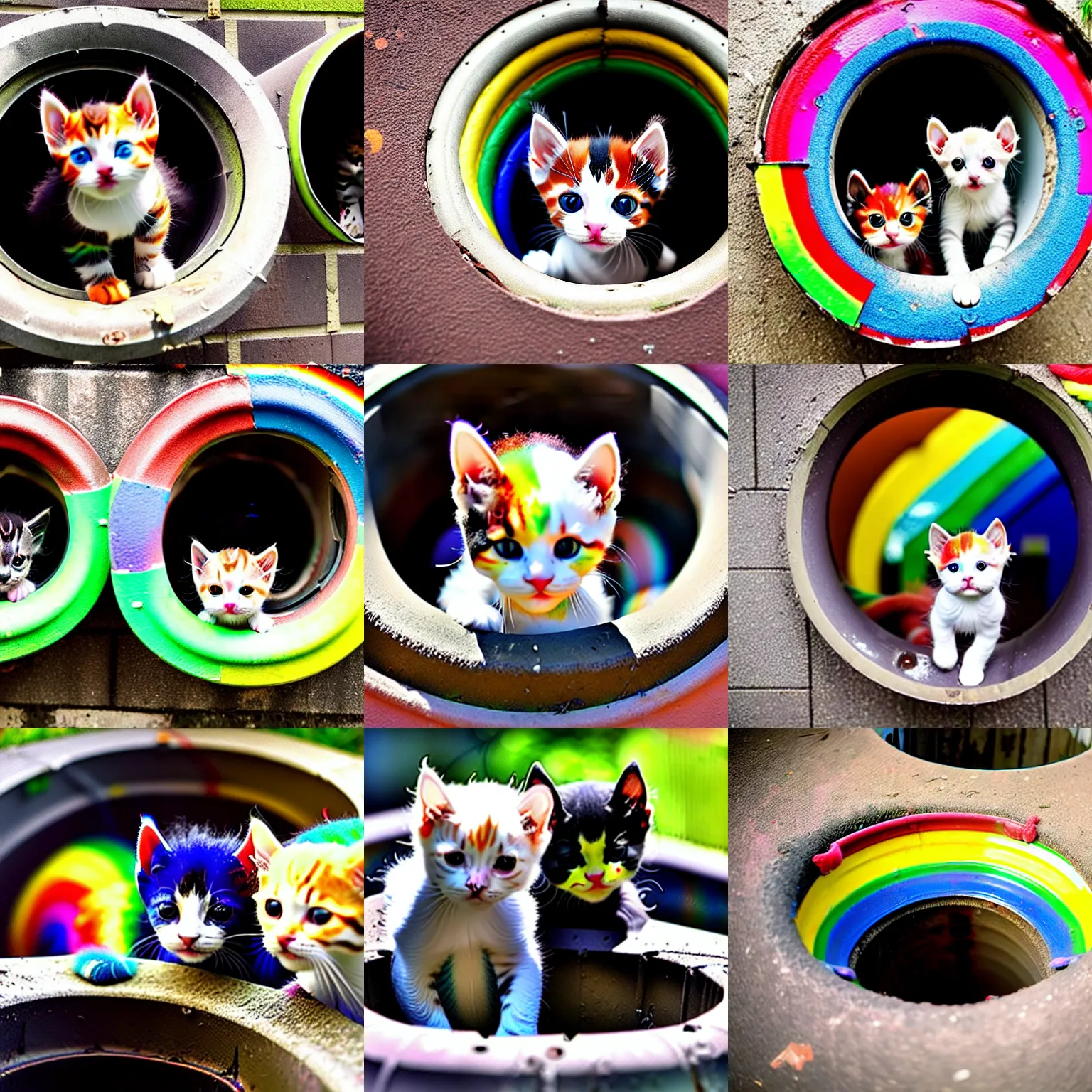 Prompt: several adorable rainbow kittens stuck in a drain pipe