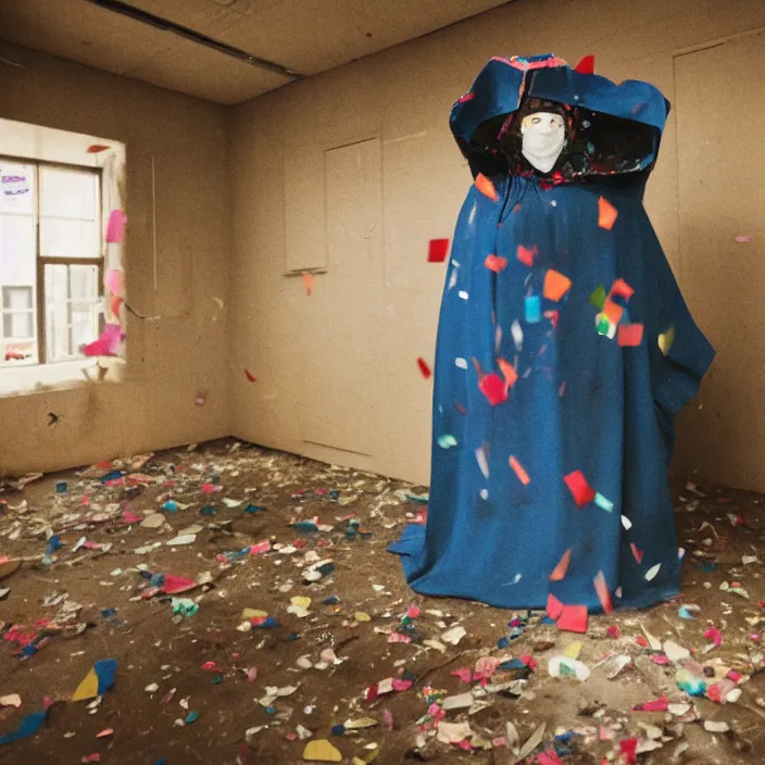 Prompt: a woman wearing a hood made of plastic and confetti, in an abandoned office building, by jan van eyck, canon eos c 3 0 0, ƒ 1. 8, 3 5 mm, 8 k, medium - format print