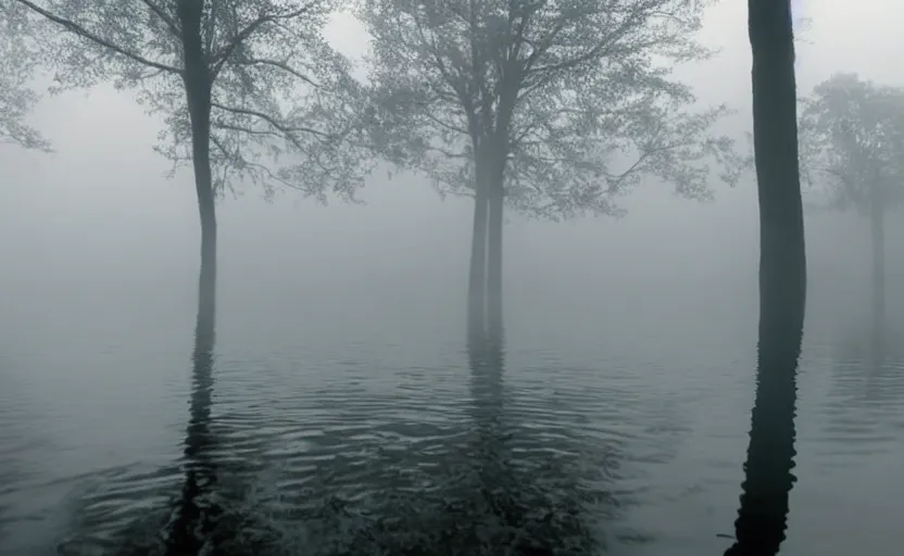 Image similar to low angle camera lens is just above the water surface of a lake, scene from a film directed by charlie kaufman ( 2 0 0 1 ), foggy volumetric light morning, extremely moody, cinematic, anamorphic lens wide angle