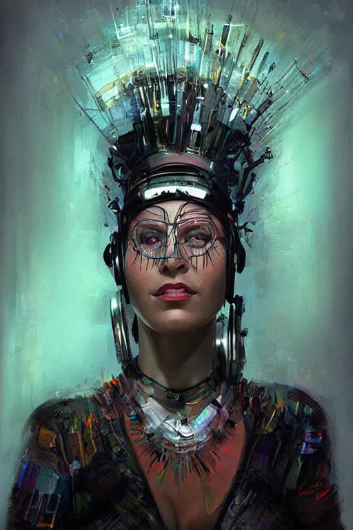 Image similar to portrait, headshot, digital painting, an beautiful techno - shaman lady in circuit electronic mask, realistic, hyperdetailed, chiaroscuro, concept art, art by john berkey