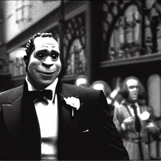 Image similar to movie still, shrek as michael in the godfather, realistic photo, 1 9 8 0, old movie