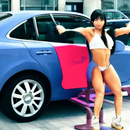 Prompt: Anime young woman with huge steroid muscles picking up a car in Tokyo.