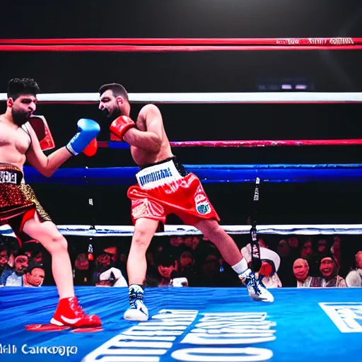 Image similar to landscape photography of a boxing match between rohit sharma and virat kohli in the ring, ultra realistic, highly detailed, canon 3 5 mm photography