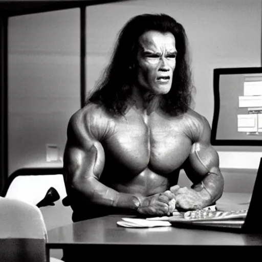 Image similar to actor arnold schwarzenegger as conan the barbarian sitting at a desk, as an office worker, in an office, inside an office building, sitting at a desk, angrily shouting at a laptop, angry at laptop, laptop computer, computer trouble, technical difficulties, software error, crisp lighting, corporate photography