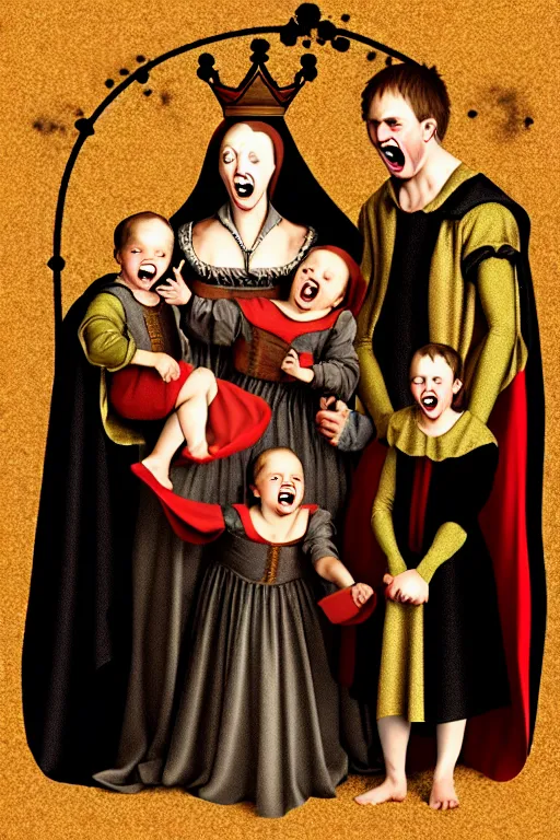 Image similar to renaissance style creepy family screaming, wearing a crown and a cape, dark background, atomic explosion